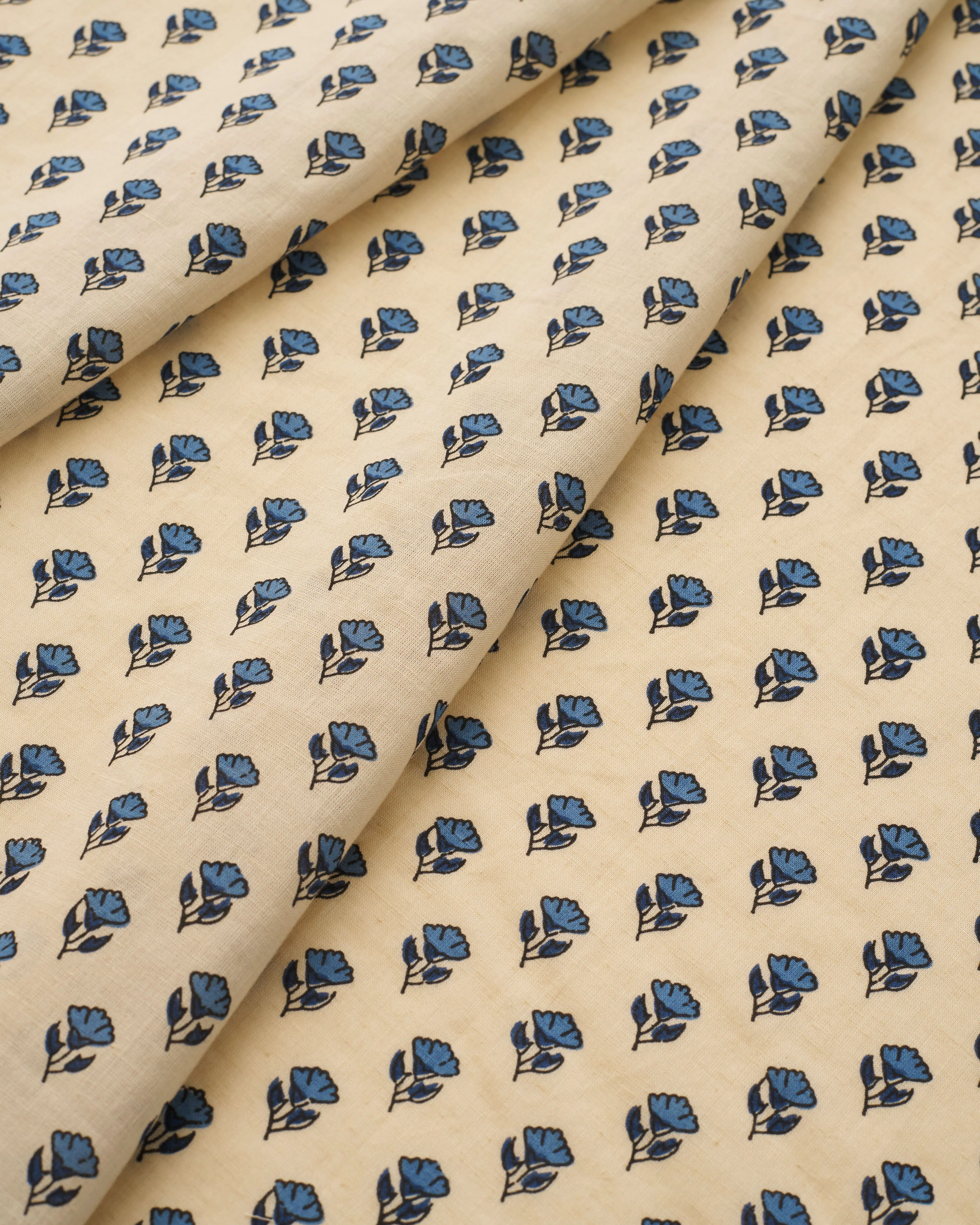 Blue and Tan Mini Bloom Block Print Cotton - Image 2