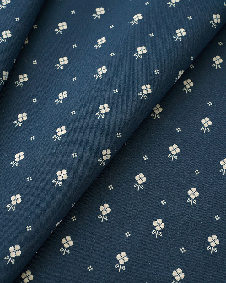 Navy Pixel Flower Printed Cotton Twill - Image 2